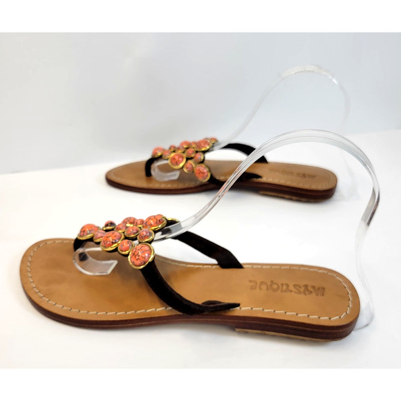Mystique Boho Thong Sandals Shoes Womens 7 Brown Suede Orange Stone Flat Artsy - Picture 9 of 16